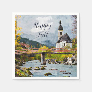 Fall church and trees with customisable text napkin