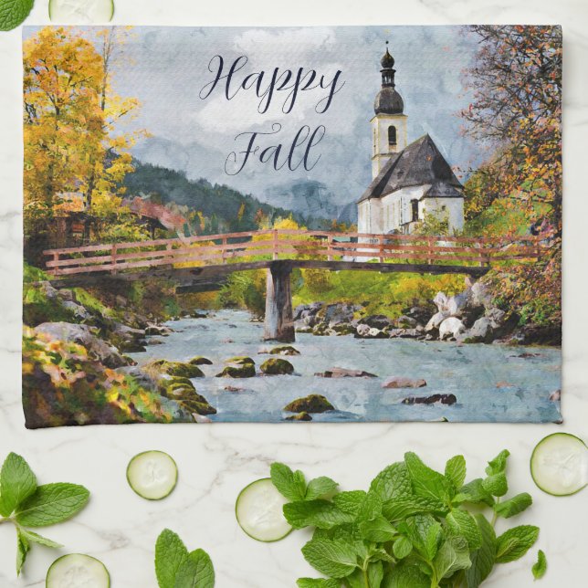 Fall church and trees with customisable text  tea towel (Folded)