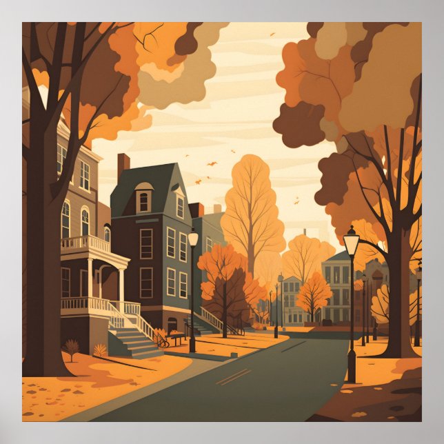 Fall Cityscape Rustic Orange Red Yellow Brown Poster (Front)