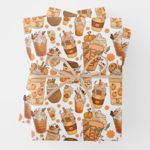 Fall Coffee Latte Pumpkin Pattern Wrapping Paper Sheet
