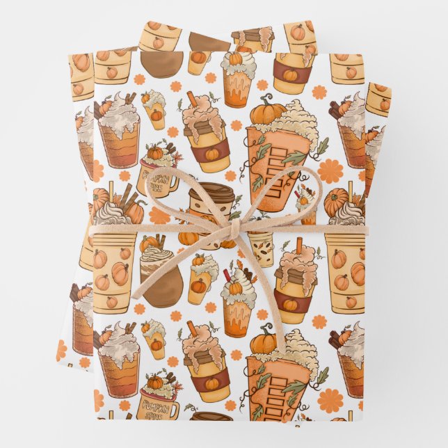 Fall Coffee Latte Pumpkin Pattern  Wrapping Paper Sheet (In situ)