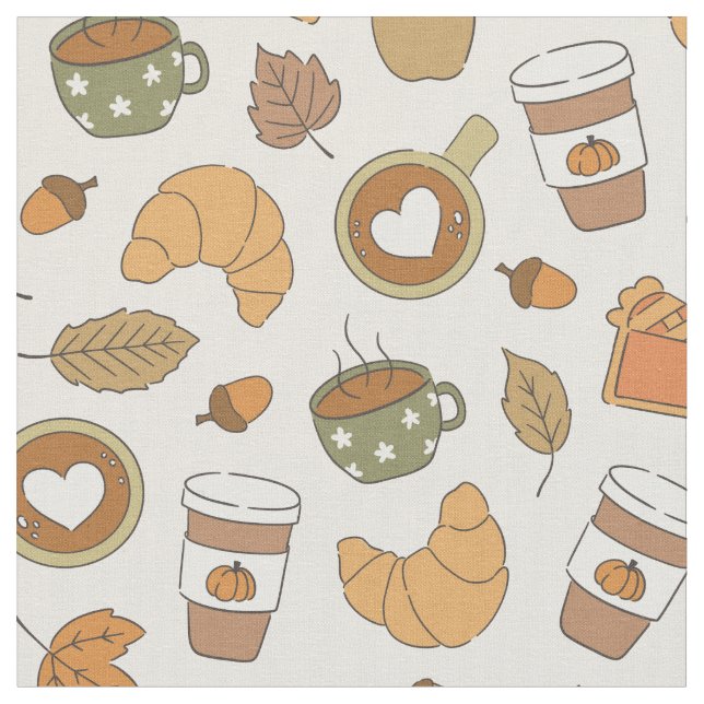 Fall Coffee Pumpkin Spice Autumn Leaves Bakery Fabric (Close Up)