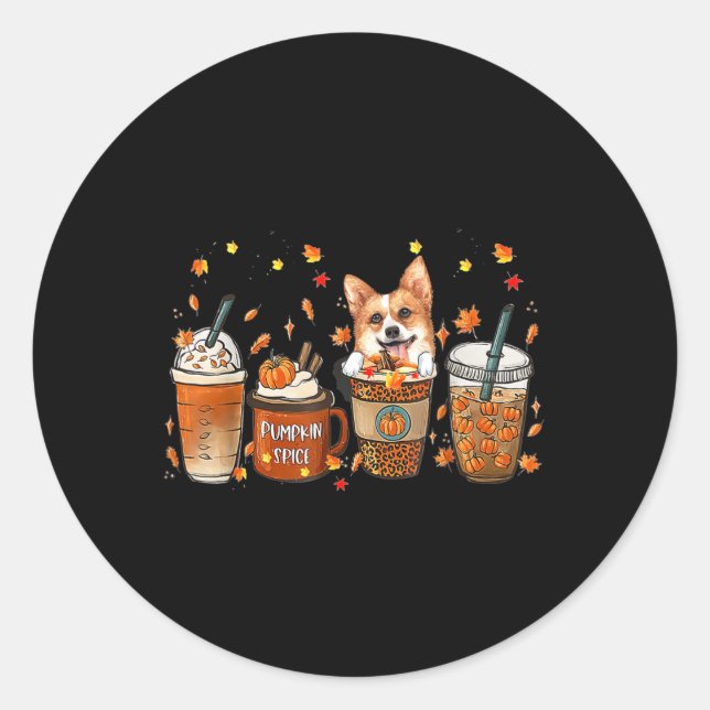 Fall Coffee Pumpkin Spice Latte Iced Autumn Corgi  Classic Round Sticker (Front)