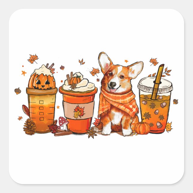 Fall Coffee with Corgi Pumpkin Spice Latte Lovers Square Sticker (Front)