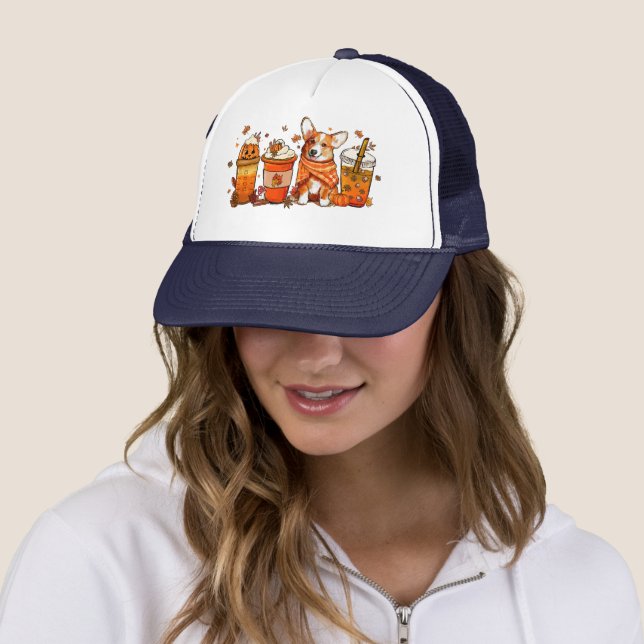 Fall Coffee with Corgi Pumpkin Spice Latte Lovers Trucker Hat (In Situ)