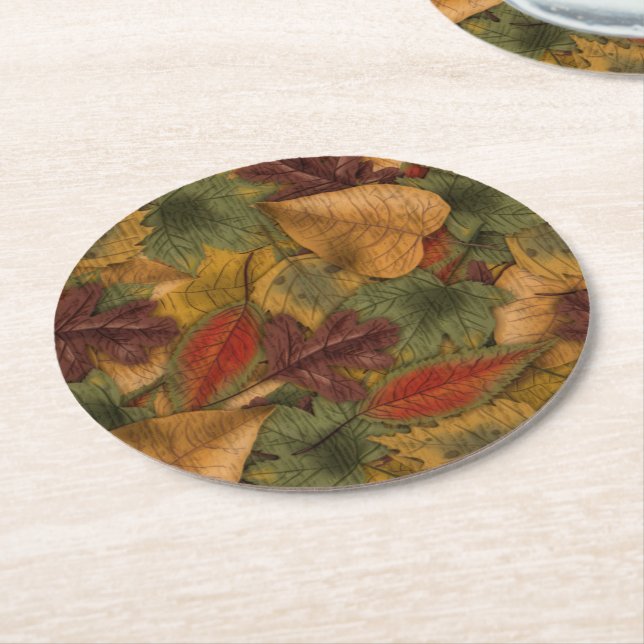 Fall Colors Leaf Pattern Round Paper Coaster (Angled)