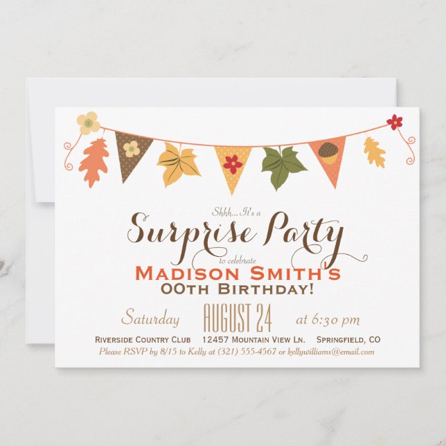 Fall Colour Leaves Bunting Birthday Surprise Party Invitation (Front)