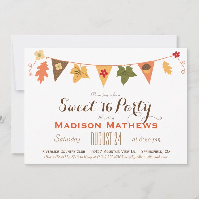 Fall Colour Leaves Bunting  Sweet 16 Birthday Part Invitation (Front)