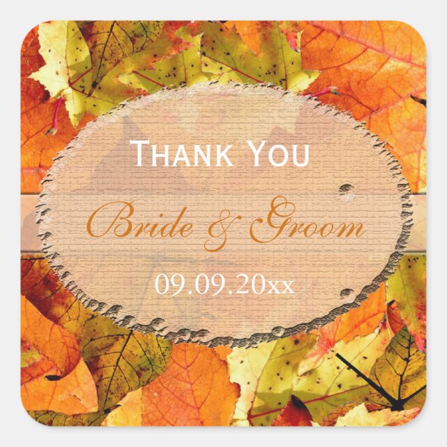 fall colour leaves wedding favour thank you square sticker (Front)