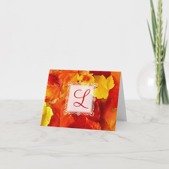 Fall Coloured Leaves Monogrammed Blank Note Card (Front)