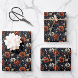 Fall Coloured Peonies on Black Wrapping Paper Sheet
