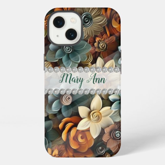 Fall colours 3D flowers, diamond frame custom iPhone Case (Back)