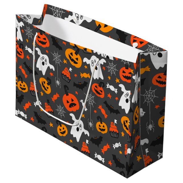 Fall colours Halloween symbols pattern on dark-gre Large Gift Bag (Front Angled)