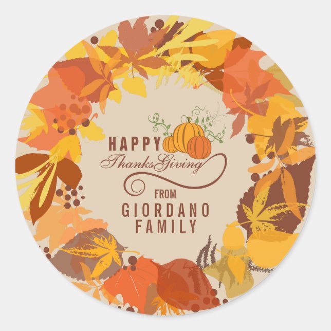 Fall Colours Leafs Thanks Giving Wreath Classic Round Sticker (Front)
