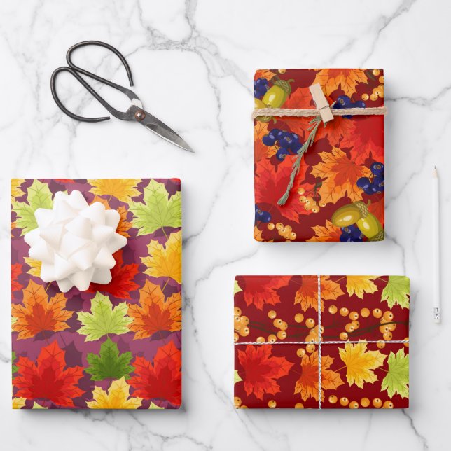 Fall Colours Leaves Wrapping Paper Set of 3 (Front)