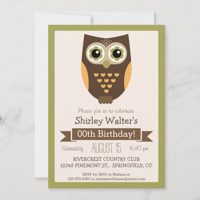 Fall Colours Owl, Adult Birthday Party Invitation (Front)