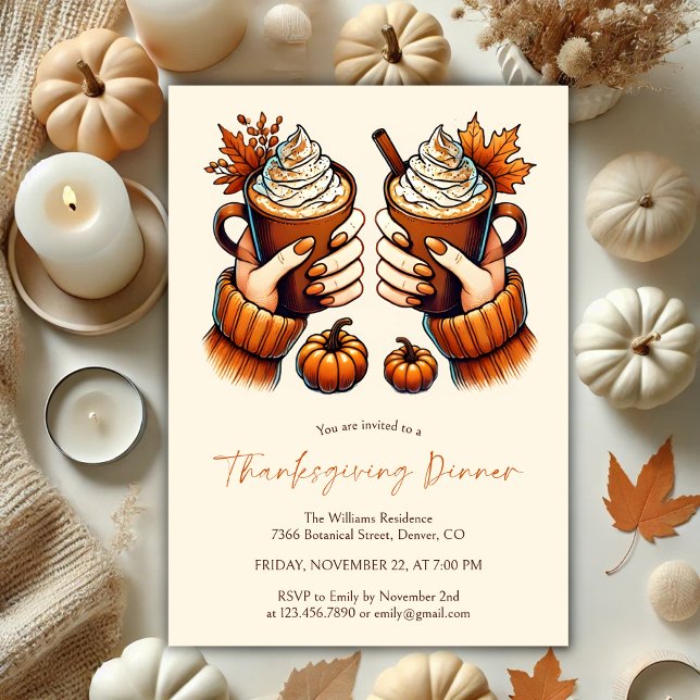 Fall Colours Pumpkin Spice Thanksgiving Dinner Invitation (Cozy Watercolor Fall Colors Pumpkin Spice Latte Thanksgiving Dinner Invitation)