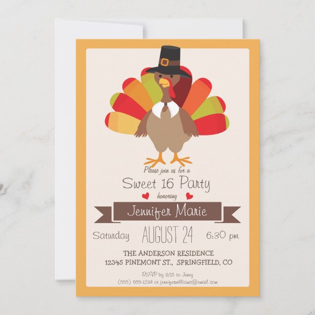 Fall Colours Thanksgiving Turkey Sweet 16 Party Invitation (Front)