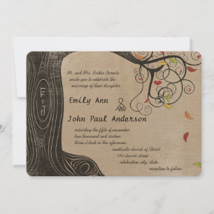 Fall Colours Tree Linen Texture Paper Wedding Invitation