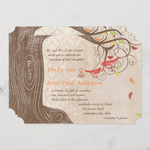 Fall Colours Tree on Vintage Damask Wedding Invite