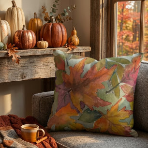 Fall Colours Watercolor Fallen Leaves Throw Pillow