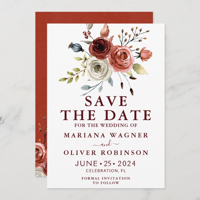 Fall Colours Watercolor Floral Save the Date Invitation (Front/Back)