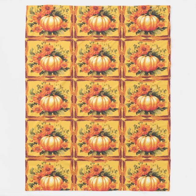 Fall Colours With Pumpkin, Flowers Fleece Blanket (Front)