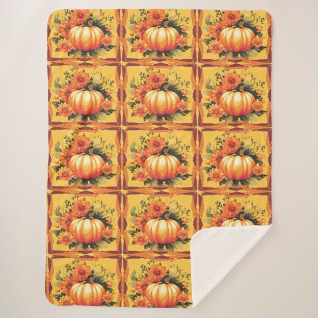 Fall Colours With Pumpkin, Flowers Sherpa Blanket (Front)