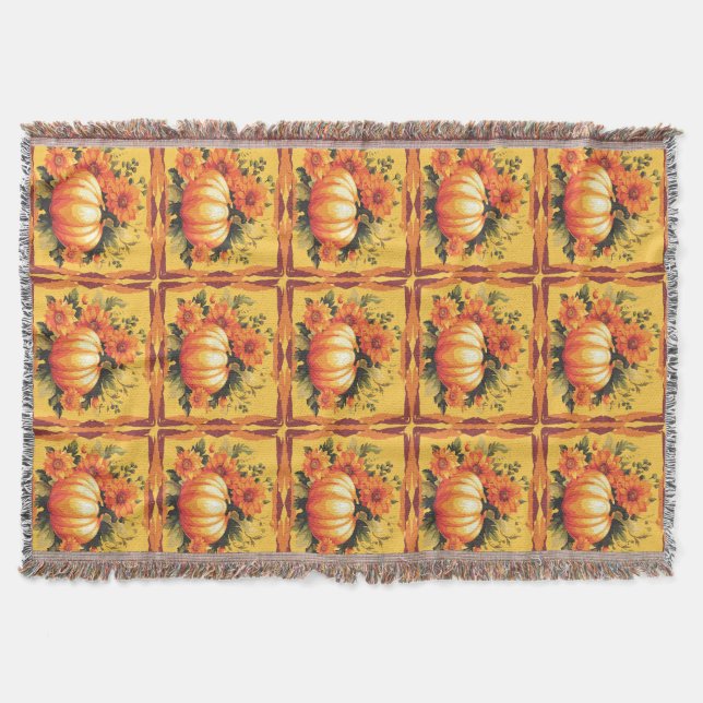 Fall Colours With Pumpkin, Flowers Throw Blanket (Front)