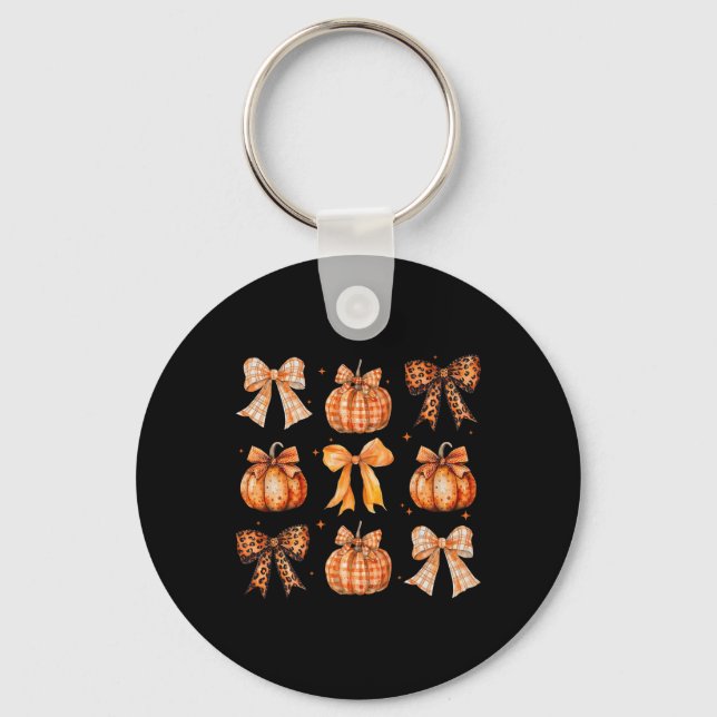 Fall Coquette Bow Leopard Print Pumpkin Thanksgivi Key Ring (Front)