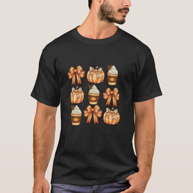 Fall Coquette Pumpkin Retro Fall Pumpkin Bow Coffe T-Shirt (Front)