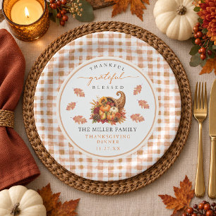 Fall Cornucopia Gingham Grateful Thanksgiving Paper Plate