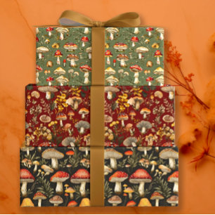 Fall Cottagecore Mushroom Trio Wrapping Paper Sheet