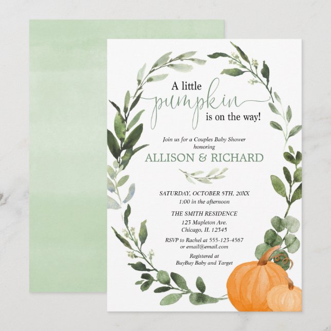 Fall couples baby shower, gender neutral pumpkins invitation (Front/Back)