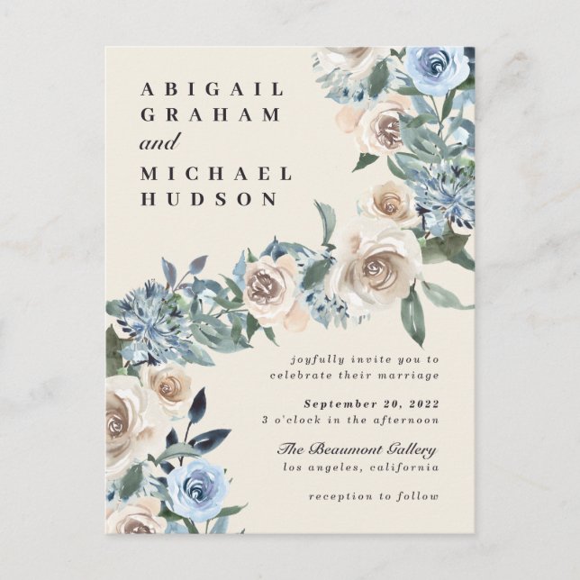 Fall Cream & Blue Watercolor Flowers Wedding Invitation Postcard (Front)