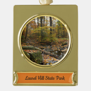 Fall Creek with Reflection at Laurel Hill Park Gold Plated Banner Ornament