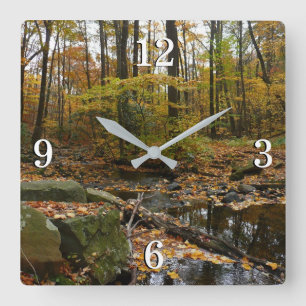 Fall Creek with Reflection at Laurel Hill Park Square Wall Clock