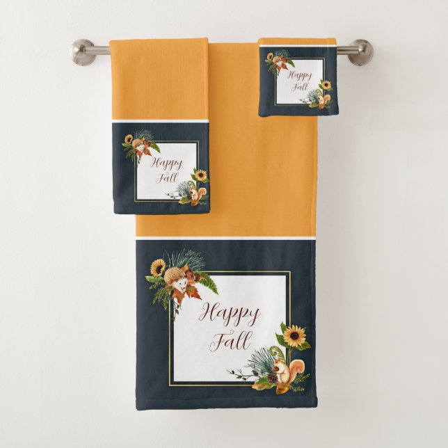 Fall critters and nature with customisable text  b bath towel set (Insitu)