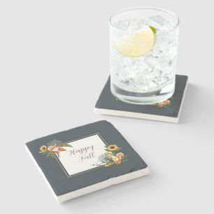 Fall critters and nature with customisable text  stone coaster