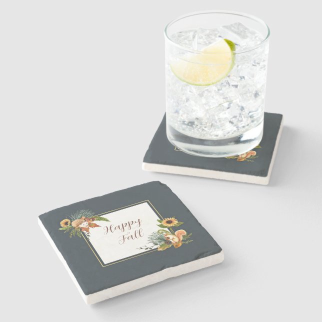 Fall critters and nature with customisable text  stone coaster (Side)