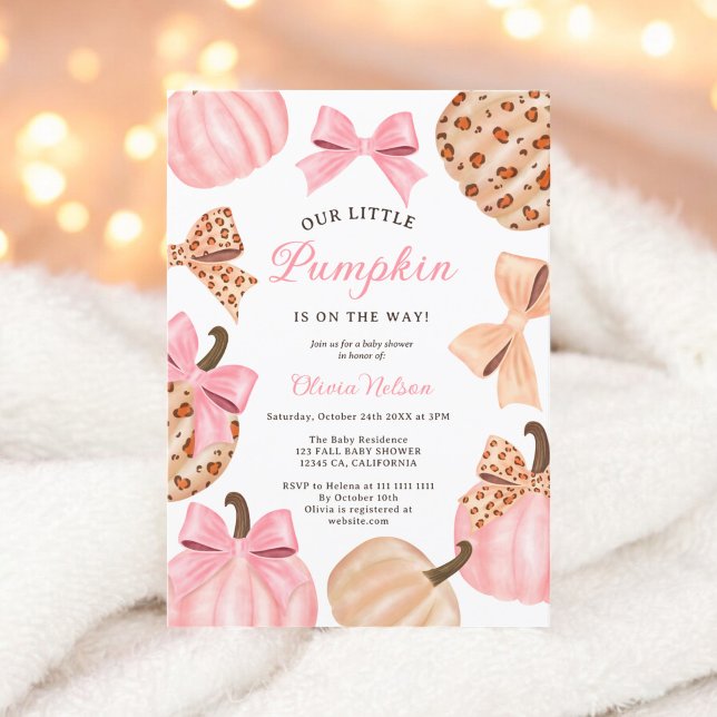 Fall Cute Coquette Bow Leopard Pumpkin Baby Shower Invitation (Fall Cute Coquette Bow Leopard Pumpkin Baby Shower Invitation)