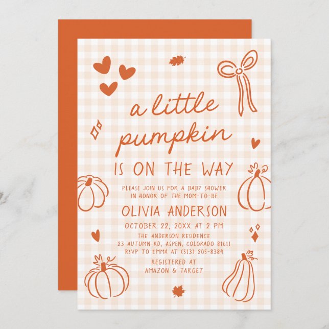 Fall Cute Hand Drawn A Little Pumpkin Baby Shower Invitation (Front/Back)