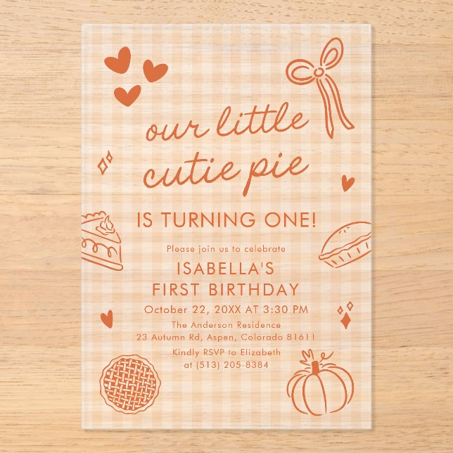 Fall Cute Hand Drawn Our Little Cutie Pie Birthday Acrylic Invitations (Front)