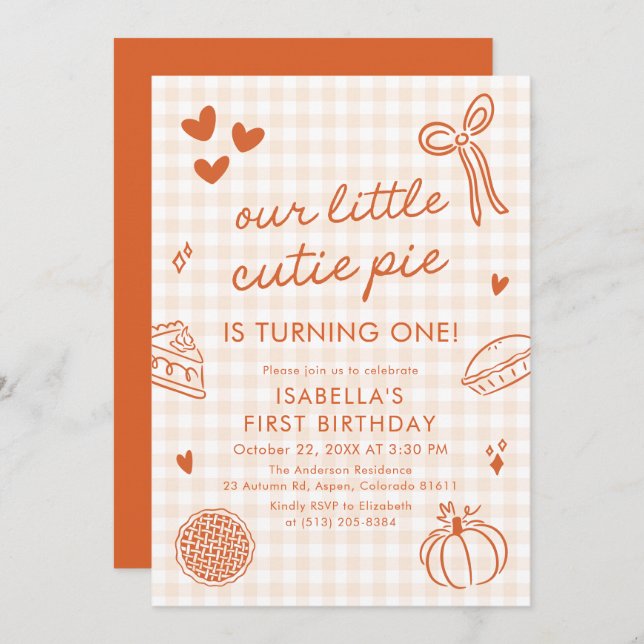 Fall Cute Hand Drawn Our Little Cutie Pie Birthday Invitation (Front/Back)