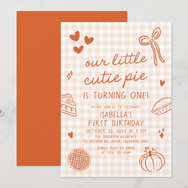 Fall Cute Hand Drawn Our Little Cutie Pie Birthday Invitation (Front/Back)