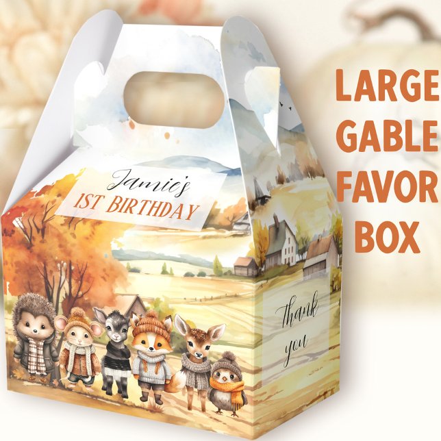 Fall Cute Woodland Animals Birthday Large Gable Favour Box (Woodland Animals Large Gable Favor Boxes - You can choose from 3 sizes of these gable favor boxes)