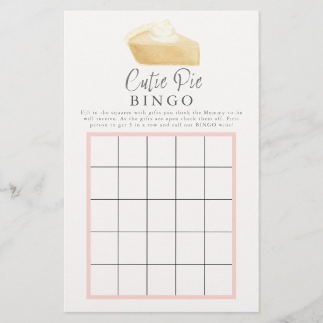 Fall Cutie Pie Pink Baby Shower Bingo Game Card (Front)