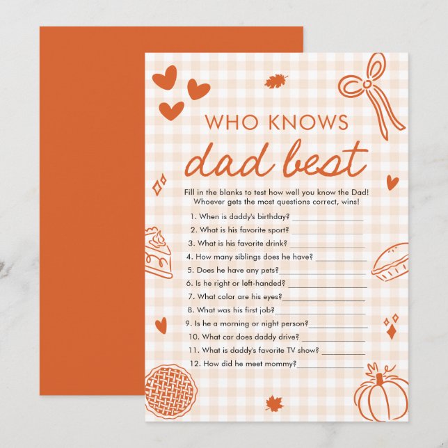 Fall Cutie Pie Who Knows Dad Best Baby Shower Game Invitation (Front/Back)