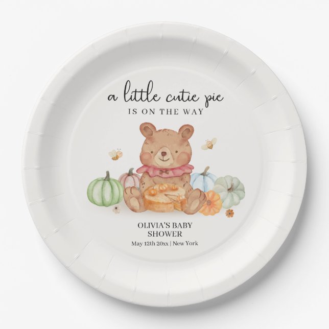 Fall Cutie Pumpkin Pie Teddy Bear Baby Shower  Paper Plate (Front)