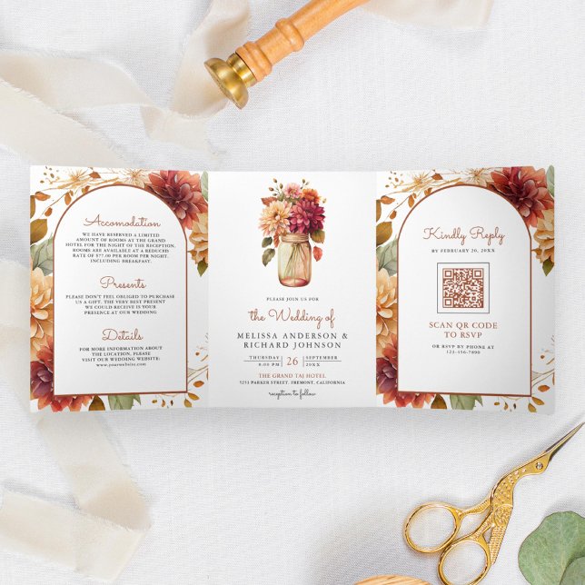 Fall Dahlia Floral Mason Jar QR Code Wedding Tri-Fold Invitation (Creator Uploaded)